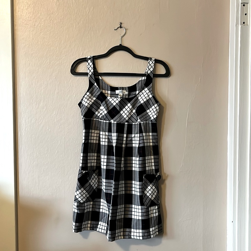 SO Black White Red Plaid Checkered Babydoll Pleated Dress S